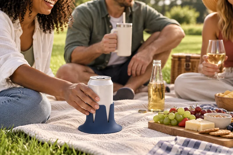 Adults picnicking on smooth blanket over firm level grass soda beside adult hip away from feet full base visible. AI lifestyle illustration.