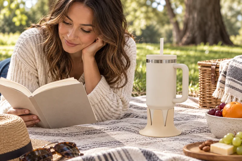 Woman reading on flat park picnic blanket over firm ground straw tumbler beside her on supported level section. AI lifestyle illustration.