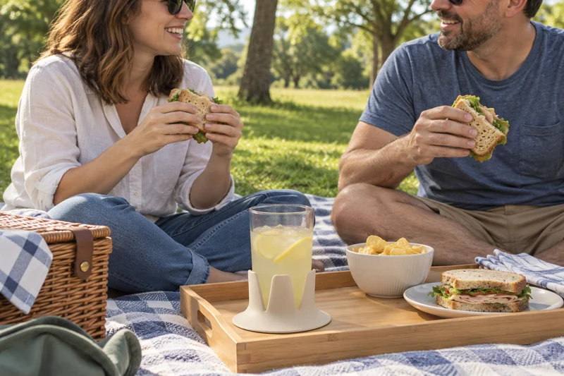 Adult sharing sandwiches seated on park picnic blanket with open reusable plastic lemonade cup in Steadi on broad flat fully supported picnic tray beside seated adult, blanket kept clear. AI illustration.