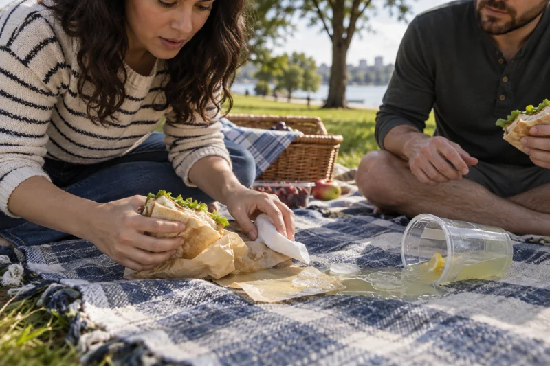 Shifting to reach basket tips lemonade; it wets sitting area and sandwich wrapper. AI illustration.